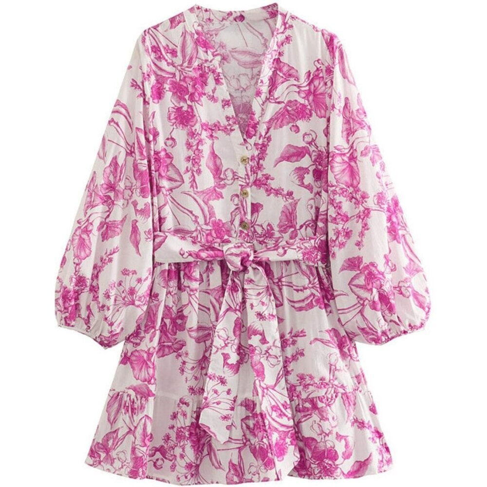 Women Floral Print Lantern Sleeve Mini Dress V Neck Button Summer Beach